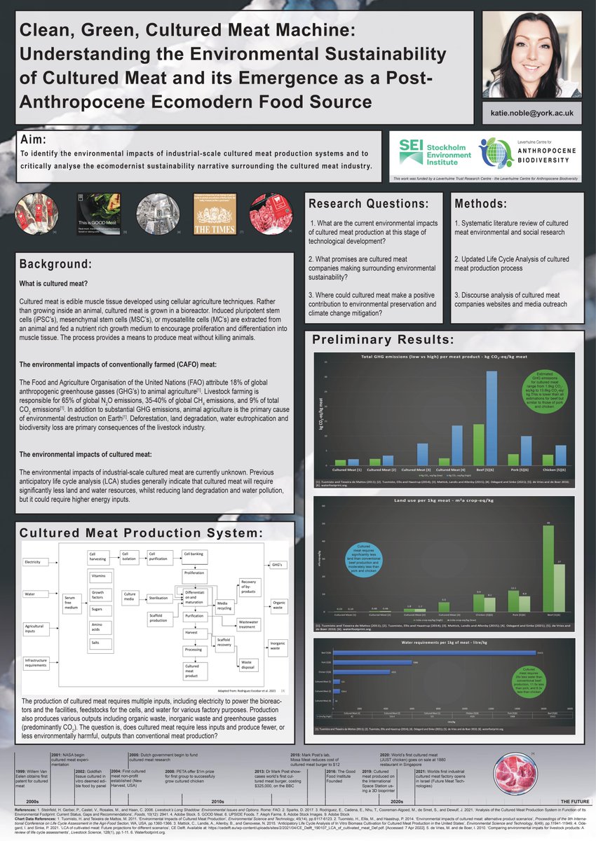AnthropoceneBio's tweet photo. #LCAB PhD student Katie Noble is sharing her research at today's @Cultivate_UK event. Check out her poster - Clean, Green, Cultured Meat Machine: Understanding the Environmental Sustainability of Cultured Meat &amp; its Emergence as a Post-Anthropocene Ecomodern Food Source https://t.co/xiaCl9Dxe9