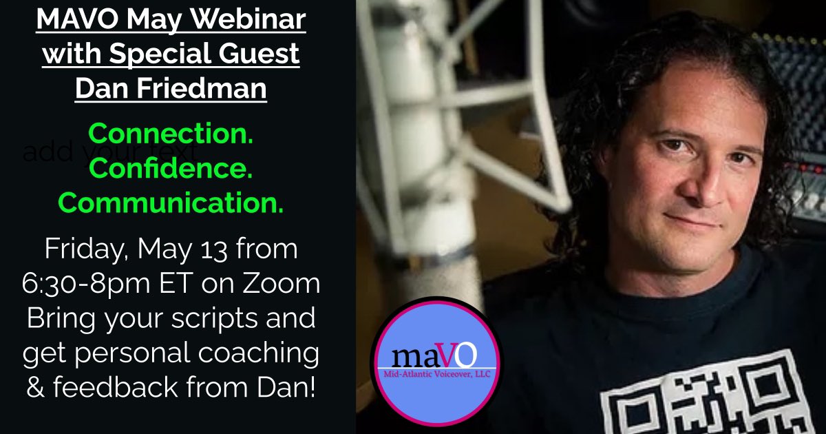 Hi friends! Please join me Friday, 5/13 for a fun, interactive #VO #webinar with the super talented <a href="/DanFriedmanVO/">Dan Friedman</a> on Zoom😁 eventbrite.com/e/mavo-may-web…
This is our #MAVO May webinar!! #vo #actorslife