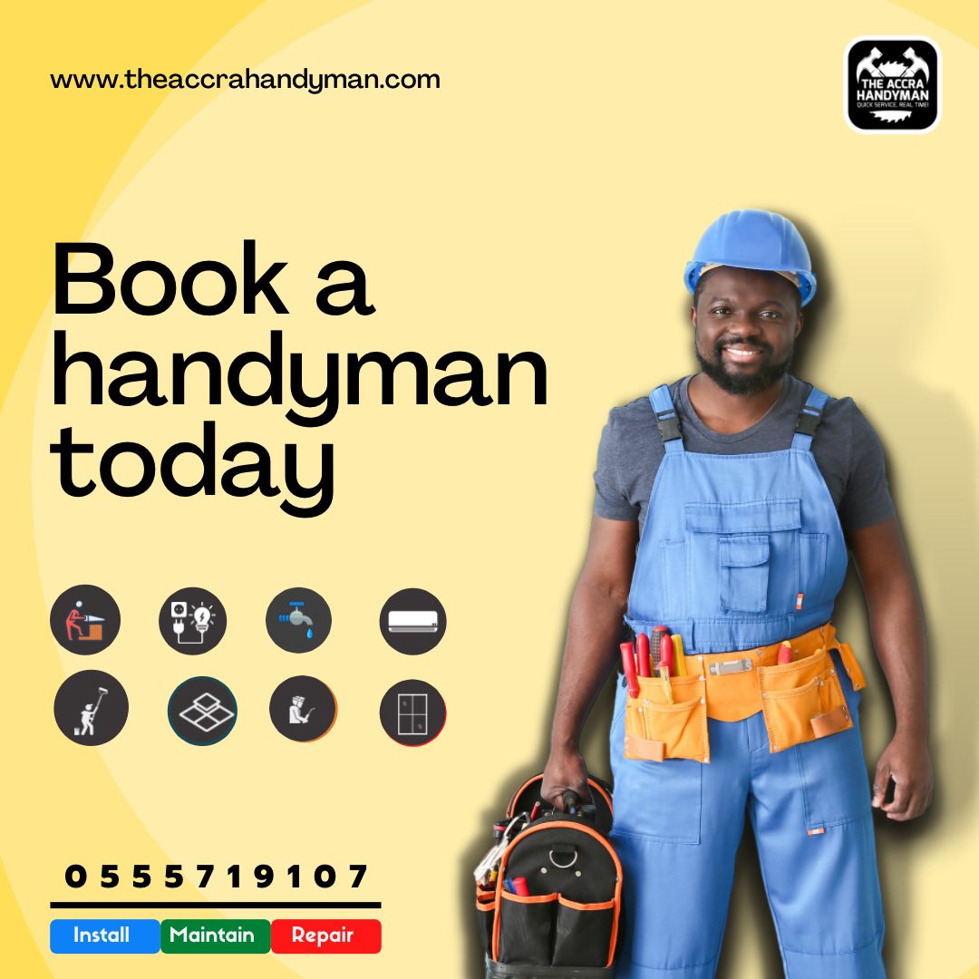 accrahandyman's tweet photo. “Wofa Yaw the carpenter rarely shows up. Kumi the plumber is always away on funeral trips when you need him…”. 
A professional handyman is just a call away. Talk to us. https://t.co/wpqGLKvZSq