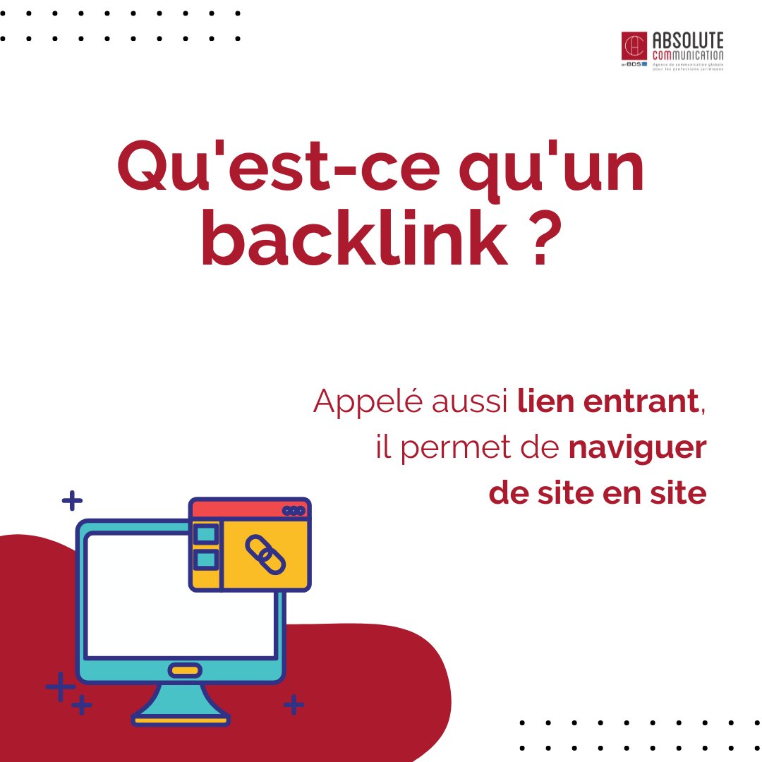 AbsolutCom's tweet photo. Savez-vous ce qu'est un backlink❓

Appelé aussi, 🔗 lien entrant, lien arrivant ou encore lien externe, le backlink est un lien hypertexte qui permet d'envoyer un internaute d'un site web X vers un site web Y.

💡 Savez-vous si des sites mentionnent votre cabinet ?

#seo https://t.co/WyZWYugyAY