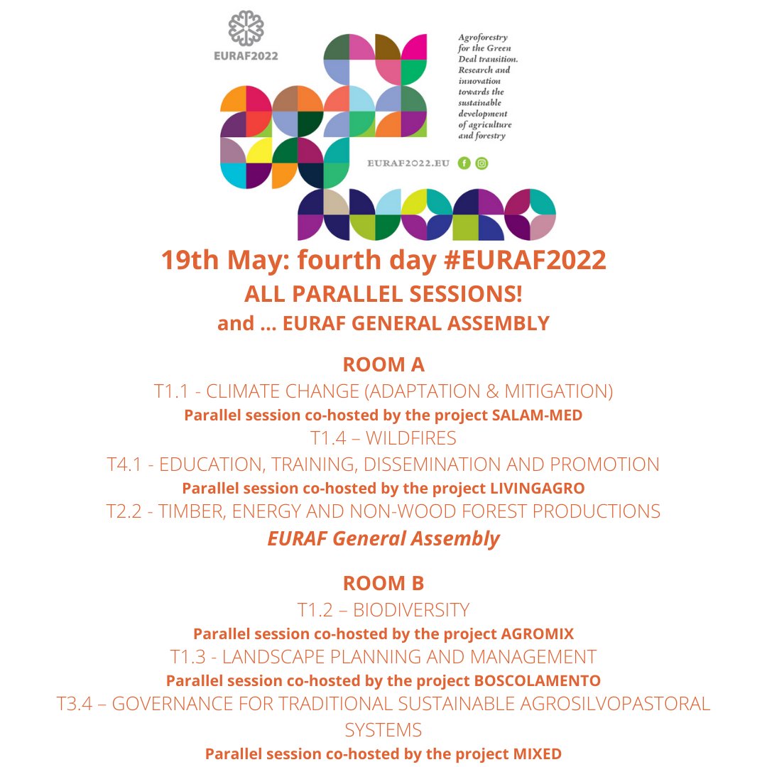 euraf2022's tweet photo. Fourth day at #EURAF2022. Parallel sessions all day long and EURAF General Assembly. What’s new? Many of the sessions will be co-hosted by relevant #agroforestry projects. Inputs for nice collaborations?
@AGROMIXproject @H2020Mixed #Boscolamento #SALAM-MED #LIVINGAGRO https://t.co/IMSFvnLOaU