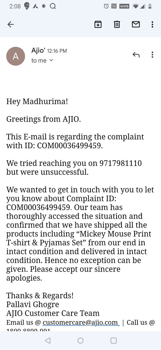 madhurimac's tweet photo. @AJIOLife @vineethnair8 Horrible customer service. I asked for a return as you guys delivered a wrong product, even the second time the size was larger. And then this mail after the complain. You can't even own up to your mistakes!!!
#poorcrm @BandBajaateRaho https://t.co/L5biYLldXs
