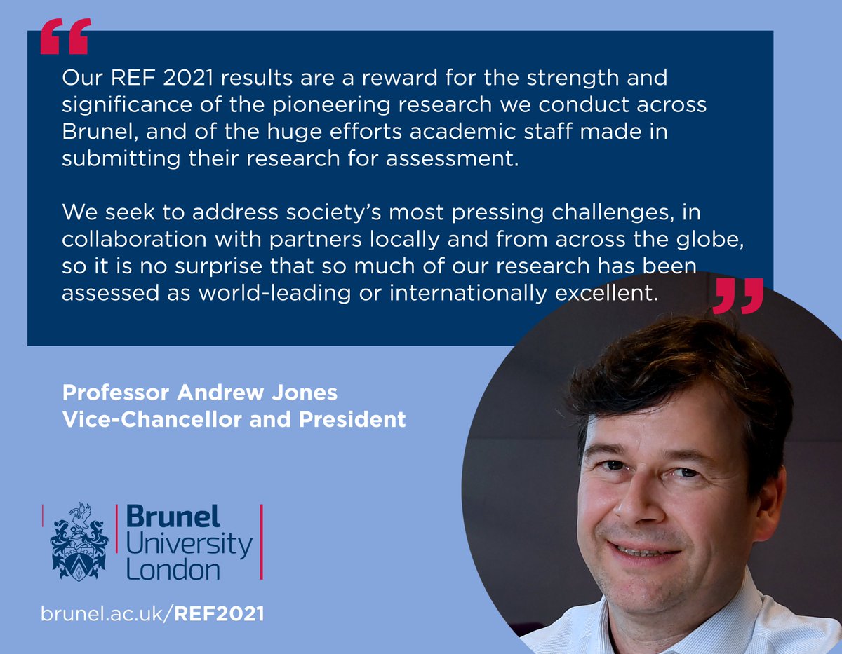 Our VC, Prof Andrew Jones: "Our #REF2021 results are a reward for the strength and significance of the pioneering research we conduct across Brunel" https://t.co/OihDDvxvA7