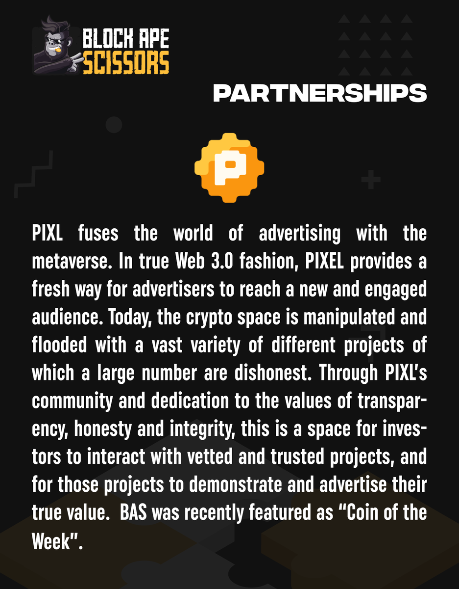 ArcasGames's tweet photo. Let's take a closer look at some of our great partnerships 🧐

Starting off, we have @PIXLCoin!

#BAS #Partnership #Blockchain https://t.co/gvgLxOWDI9