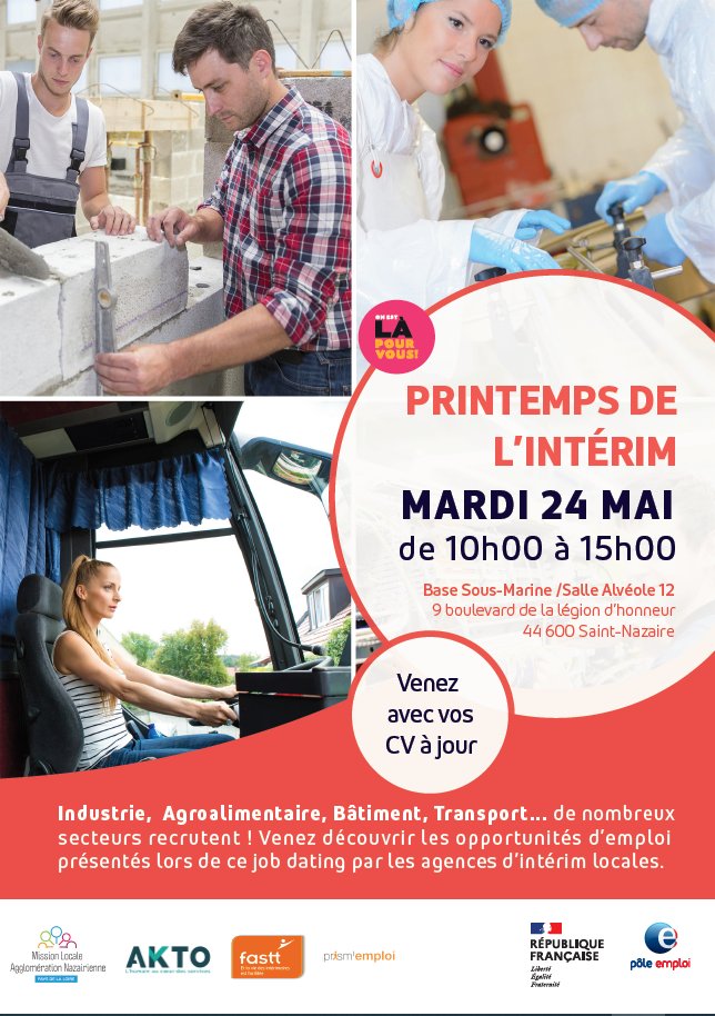 GregoryBequet's tweet photo. 📢Info #Avecpoleemploi : Le 2⃣4⃣ mai prochain de 1⃣0⃣h0⃣0⃣ à 1⃣5⃣h0⃣0⃣ à la Salle Alvéole 1⃣2⃣ (base sous-marine) @VilleStNazaire , c'est le @Printempsdelinterim.
De nombreuses opportunités d'emploi à pourvoir sur le bassin nazairien et ce, dans tous les secteurs d'activité. 👍 https://t.co/eCZYEnUi7b