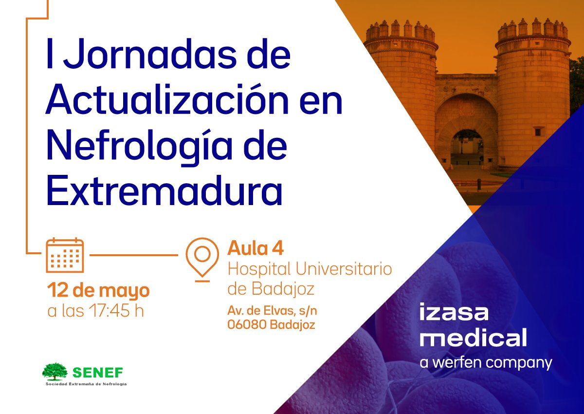 IzasaMedical's tweet photo. Izasa Medical colabora en las I Jornadas de Actualización en Nefrología de Extremadura organizadas por #SENEF.

📍 Aula 4, Hospital Universitario de Badajoz.

🗓️ 12 de mayo

+ Info 👉 https://t.co/46p0EPbDIL

#JANE #IzasaMedical #AferesisTerapeutica #Lipoaferesis #Nefrologia https://t.co/vvVx6Lq4r6