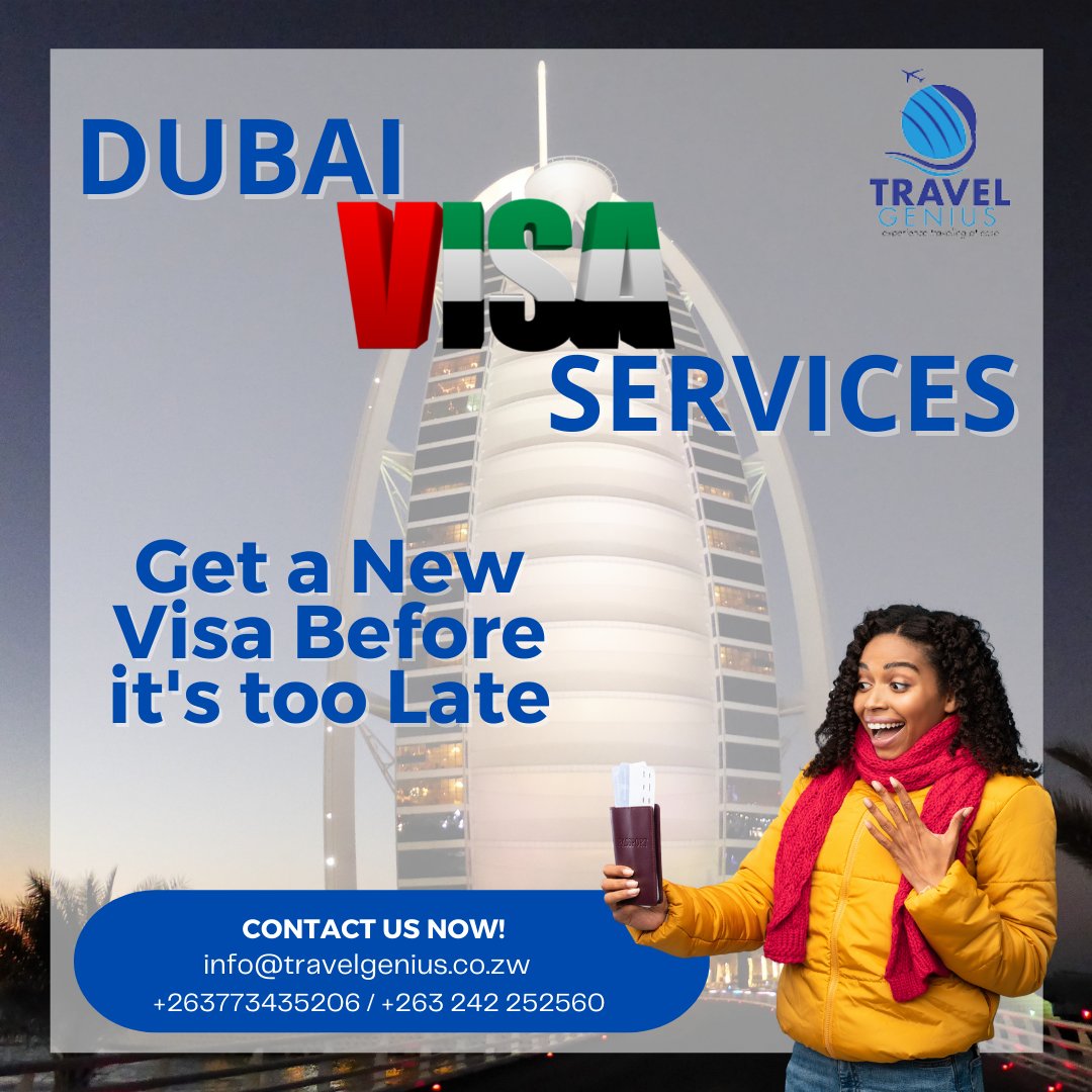 TravelGenius3's tweet photo. For fast and efficient #VISA_processing
Requirements: 
-Scanned #passport copy
-#Passport_photo
-Visa processing
-Processing time, 3 -4 #Dubai working days .
Contact us:+263773435206 / +263 242 252560 or email us: info@travelgenius.co.zw https://t.co/PMOT7WPsRk