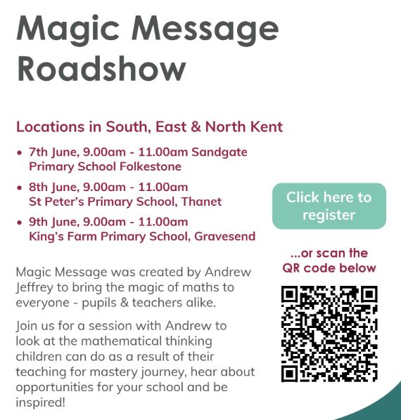 Kent and Medway Maths Hub (@kandmmathshub) on Twitter photo Locations revealed!
Join our free #Primary event with <a href="/AJMagicMessage/">Andrew Jeffrey</a>
See the #mathematical #thinking children can do as a result of their teaching for mastery journey
Register
drive.google.com/file/d/1xtShl5…
<a href="/tg_tsh/">Thames Gateway TSH</a> <a href="/kent_tsh/">Kent Teaching School Hub</a> <a href="/TheEdPeople/">The Education People</a> @KAHeadteachers <a href="/melamedway/">Medway Educational Leaders Association</a> Locations revealed!
Join our free #Primary event with <a href="/AJMagicMessage/">Andrew Jeffrey</a>
See the #mathematical #thinking children can do as a result of their teaching for mastery journey
Register
drive.google.com/file/d/1xtShl5…
<a href="/tg_tsh/">Thames Gateway TSH</a> <a href="/kent_tsh/">Kent Teaching School Hub</a> <a href="/TheEdPeople/">The Education People</a> @KAHeadteachers <a href="/melamedway/">Medway Educational Leaders Association</a>