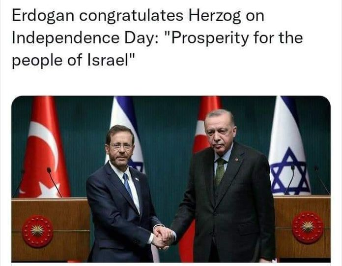 farazmfateh's tweet photo. #Erdogan is sending greetings to Israel on its independence day whilst the Muslim Ummah incl. #Palestine remembers this day as #Nakaba Day ( the catastrophic day when this land was illegally occupied by Israel).
These leaders are disgrace to Muslims yet some see him as savior. https://t.co/zad1SAhKiM