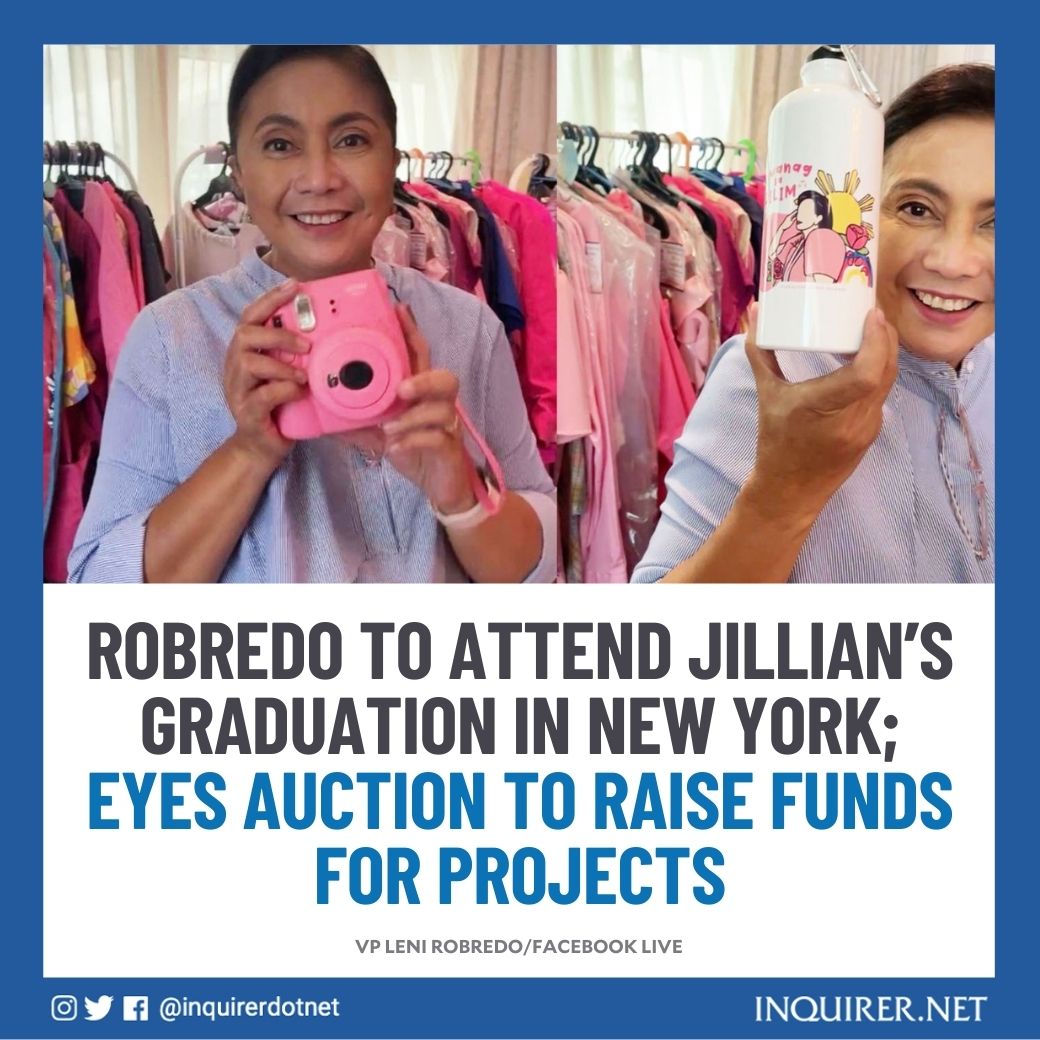 Vice President Leni Robredo will be heading to New York this weekend to attend her daughter Jillian’s graduation. She is also looking to auction some of the gifts she received during her campaign rallies to raise funds for projects. #VotePH 

READ: inq.news/VPLeni-auction