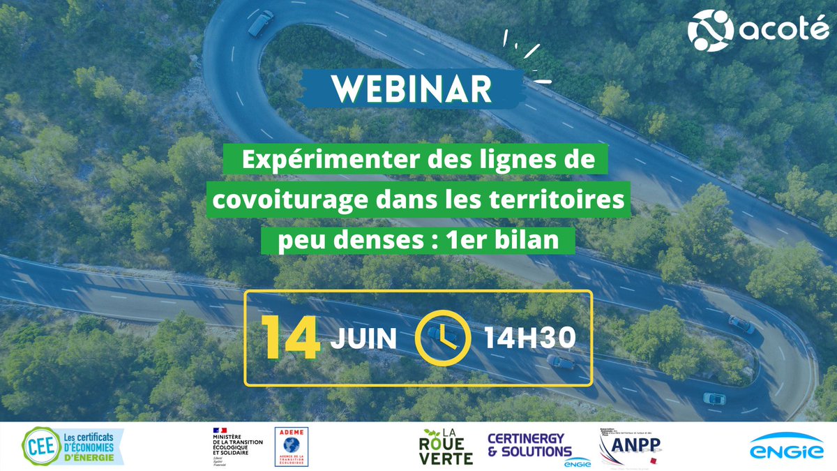 💻Webinar💻 

Marie Martese, CEO de @laroueverte_cov et Maxime Crosnier, Gestionnaire mobilité de l'<a href="/Agglo_SDDV/">Agglomération de Saint-Dié-des-Vosges</a> dressent un 1er bilan de l’expérimentation des lignes de #covoiturage déployées dans le cadre d'AcoTE.

📅 Le 14 juin à 14h30

Inscriptions 👉 acote-covoiturage.fr/agenda/webinar…
