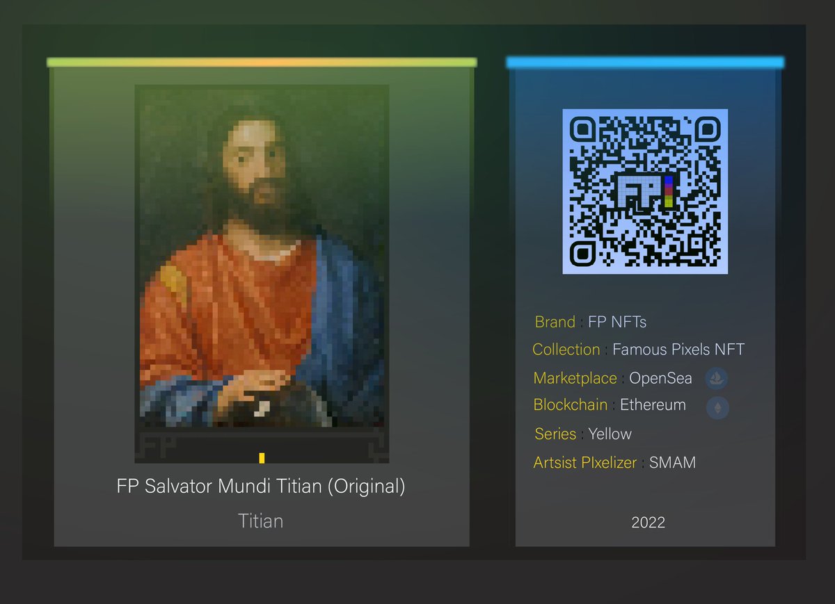 FP Salvator Mundi Titian (Original).
Artist(O) : Titian
Artist(P) : SMAM

🅿️ 312.5 ETH 

link : [opensea.io/assets/0x495f9…]

◾ FP NFTs

#NFT #NFTs #NFTdrop #NFTartists #NFTGiveaway #NFTCommumity #NFTCollection #NFTMint #opensea #Metaverse #blockchain #ETH #BTC