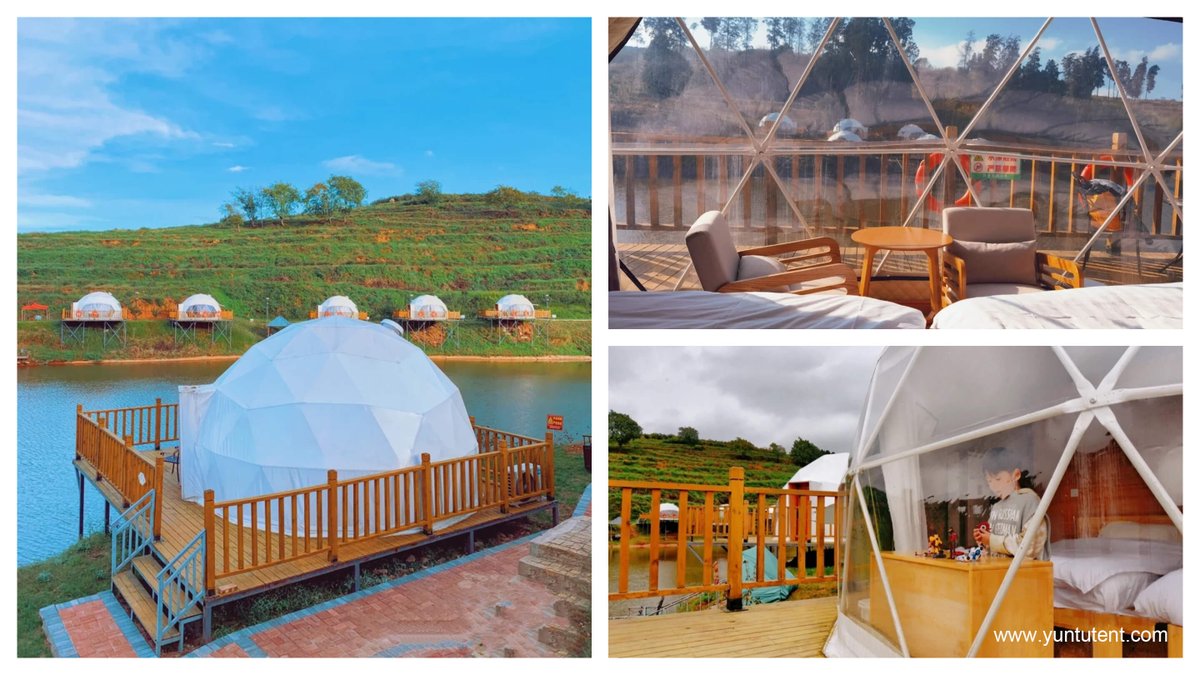 Yuntu Tent glamping dome house is a good choice for your mind... Prefab Outdoor Canvas Geodesic Domes Tent With Bathroom. yuntutent.com/glampingdome.h…
