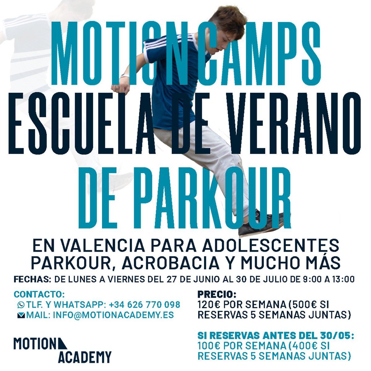 Motion Camps Valencia 🌱
5 semanas  de puro movimiento para peques y jóvenes: De lunes a viernes y de 9:00 a 14:00. 
Todo ello en un lugar que nos encanta: Los Jardines del Real (Viveros).
Más info en motionacademy.es