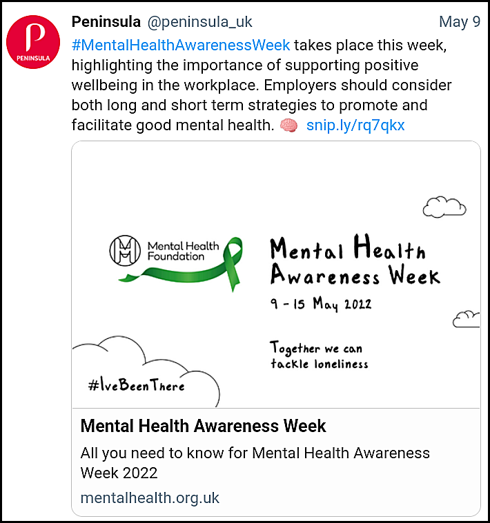 Luchta3's tweet photo. https://t.co/WR79HOQrDQ
@Peninsula_uk supports #MentalHealthAwarenessWeek to raise their public profile but tramples over #MentalHealth to win #EmploymentTribunal! #Hypocrites #ukemplaw @ForbesBizCncl #emplaw @sra_solicitors #HR @Peter__Done @Kate1Palmer #hrreview https://t.co/Y9lxKl1T4T