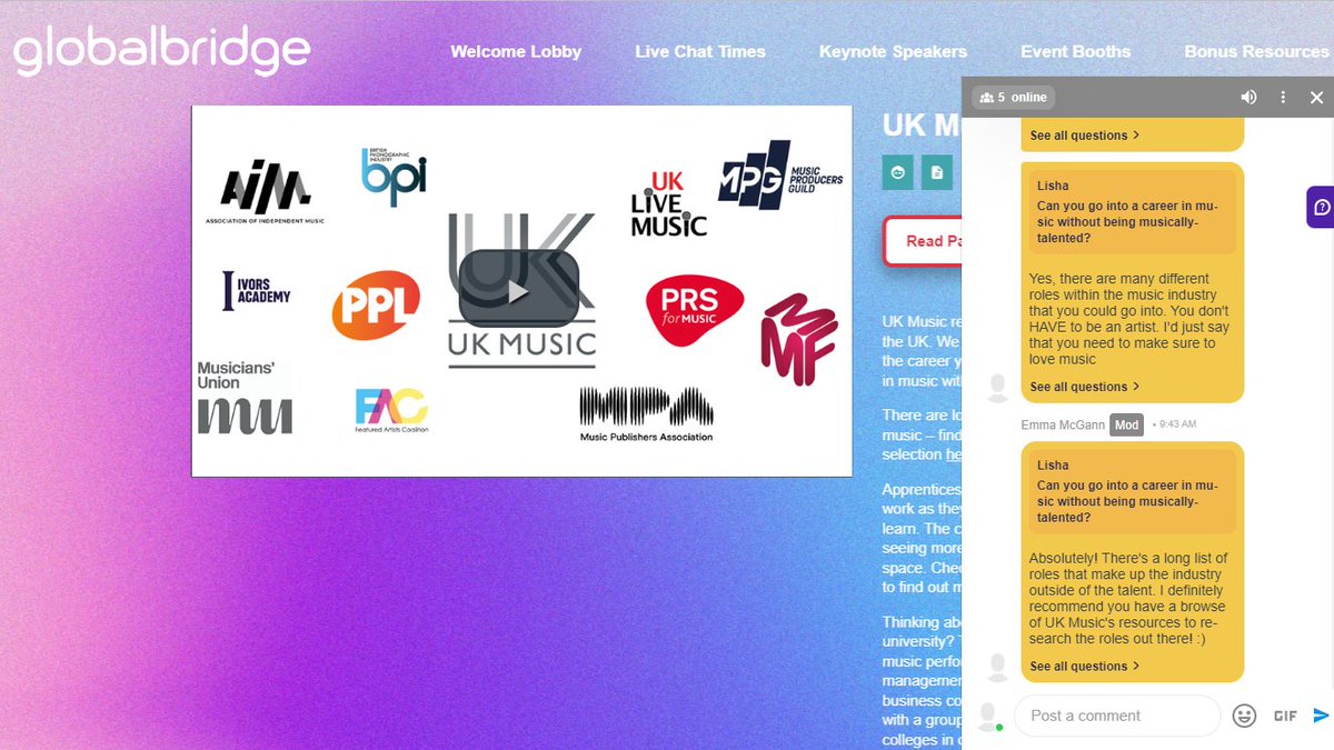 UK_Music's tweet photo. Already buzzing @globalbridgeltd #gbfuturestars event. We're lucky today to have the fantastic @emmamcgann & @ShaoDowMusic on hand to answer your questions on #careers in #music - and as Emma says be sure to check out UK Music's resources: https://t.co/VhYMI4lNDF #talentpipeline https://t.co/UsnsAz2DAn