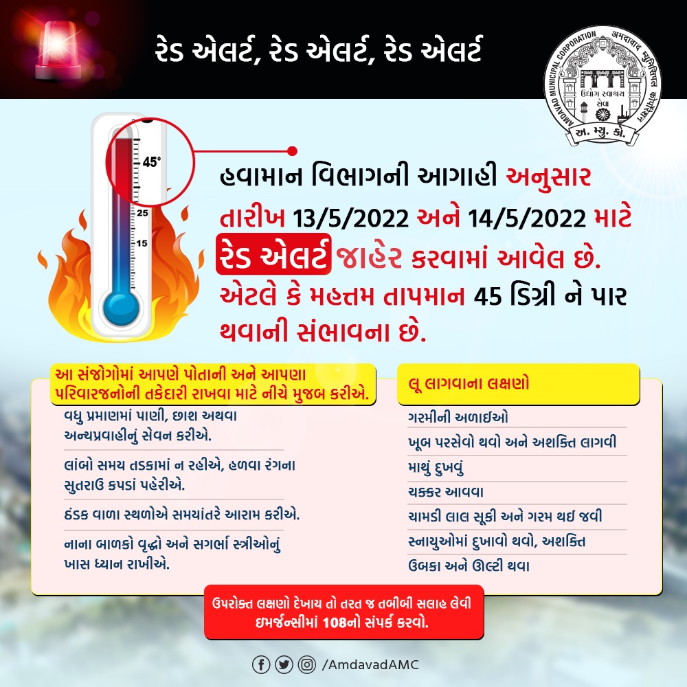 AmdavadAMC's tweet photo. તા.13 ane 14 મે 2022
હવામાન વિભાગની આગાહી - તાપમાન 45 ડિગ્રીને પાર જઇ શકે છે.
પોતાની અને પરીવારજનોની તકેદારી માટે સૂચવેલા પગલાં જરૂર લો.
લૂ લાગવાથી બચો. https://t.co/rya1BgBRy4