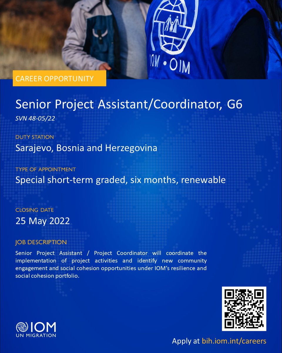 IOMBiH's tweet photo. 👉🏼Interested in coordinating the implementation of project activities and identifying new #CommunityEngagement and #SocialCohesion opportunities under IOM’s resilience and social cohesion portfolio?

📣Join @IOMBiH team!
Read more here ➡️ https://t.co/xbGLHkEZe7 https://t.co/3LP63bBU2Y