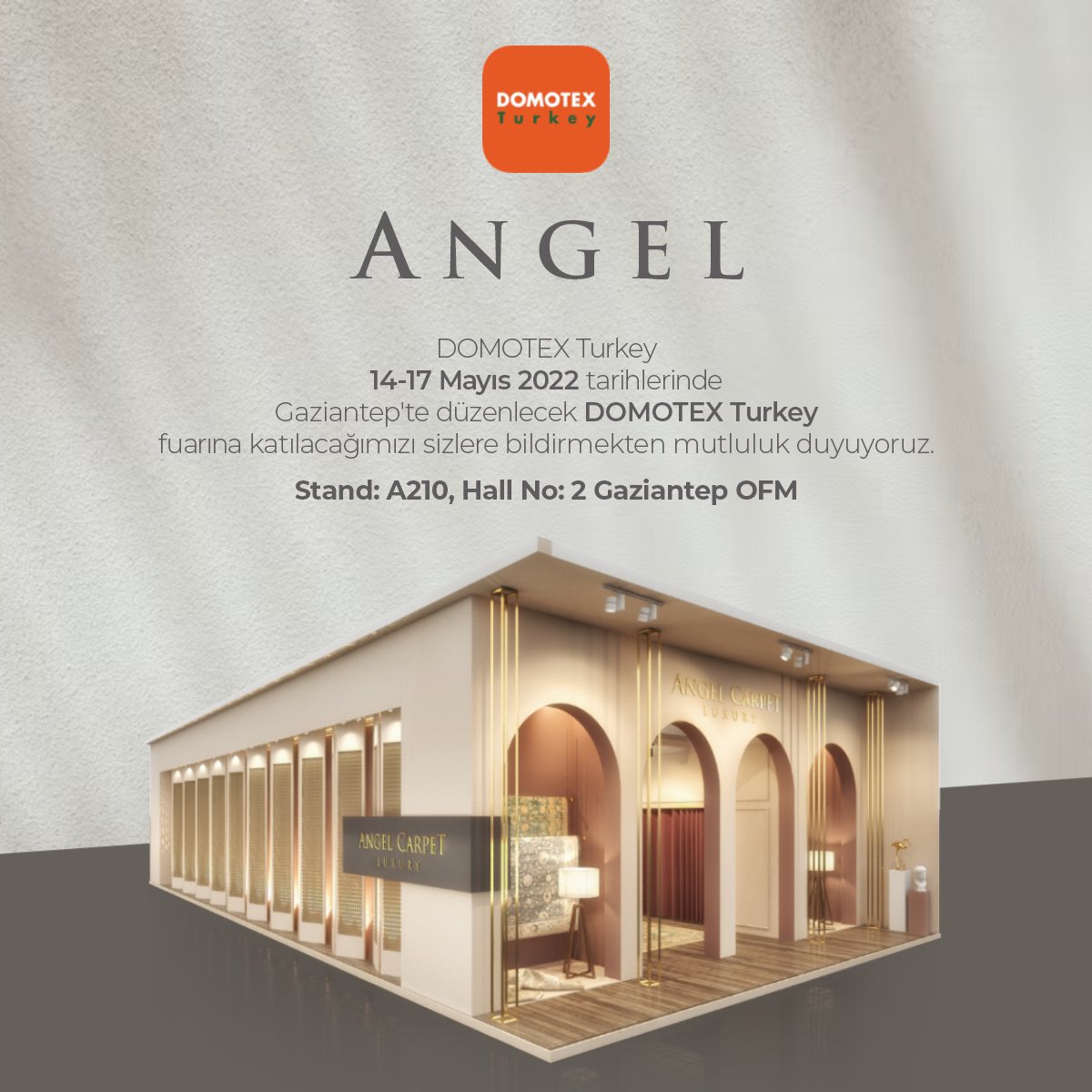 angelcarpet's tweet photo. DOMOTEX Turkey
14-17 Mayıs 2022 tarihlerinde
Gaziantep'te düzenlecek DOMOTEX Turkey
fuarına katılacağımızı sizlere bildirmekten mutluluk duyuyoruz.

Stand: A210, Hall No: 2 Gaziantep OFM

https://t.co/XR2Rsd2IKU

#domotex #domotexturkey https://t.co/EW6pGfrwkU