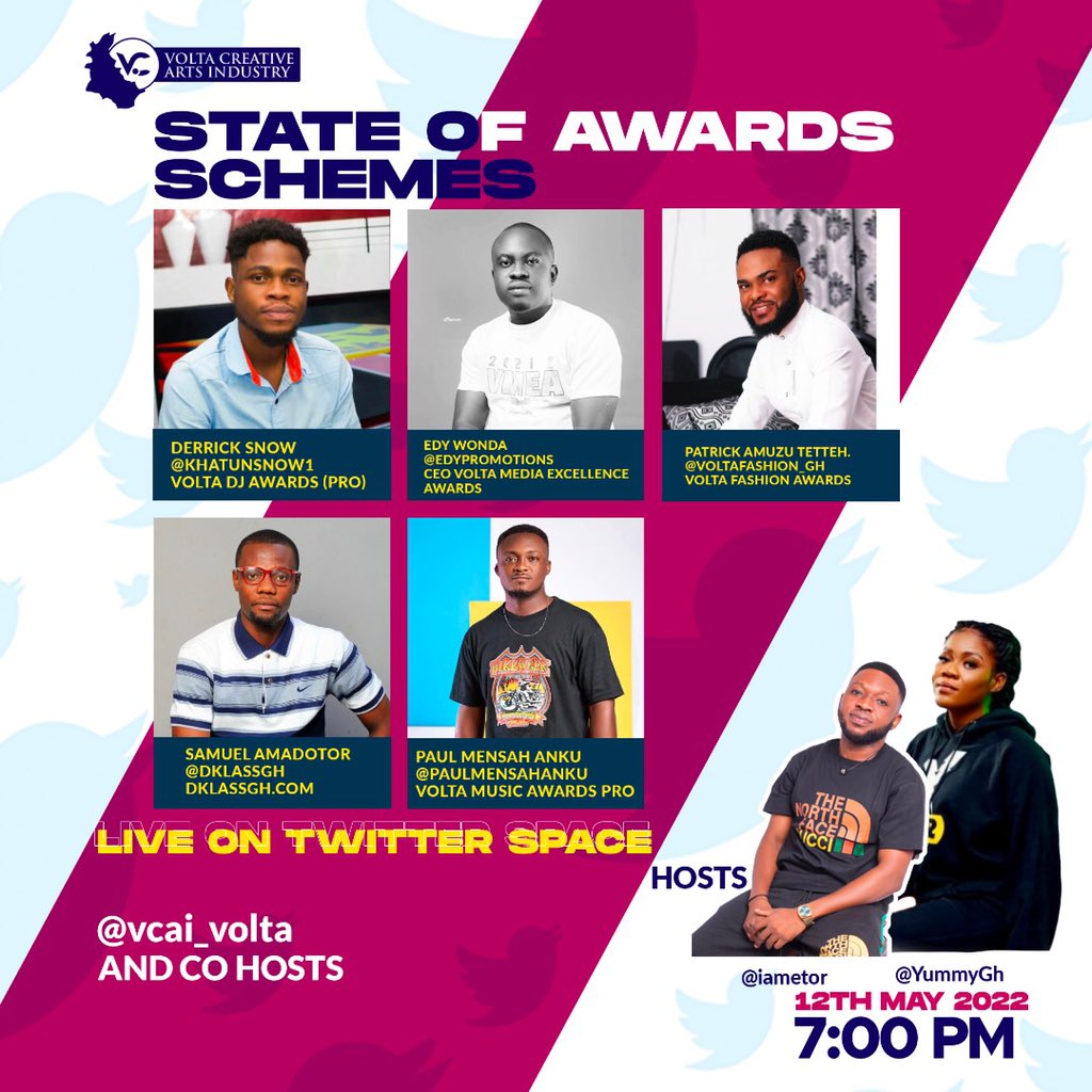 Join <a href="/Volta_CAI/">Volta Creative Arts</a> tonight at 7:30pm on the Space. We talking about the State of Awards Schemes in Volta Region. 

x.com/i/spaces/1djxX…

Speakers: <a href="/paulmensahanku/">Paul Mensah Anku</a>  <a href="/voltafashion_gh/">voltafashionweek_ghana</a> <a href="/edypromotions/">Edy's Promotions</a> @khatununow1 <a href="/dklassgh/">D.Klass GH</a> 

Host: <a href="/YummyGh/">G.E.F.A.I</a> @iamEtor

#StateOfAwardsSchemes in Volta.