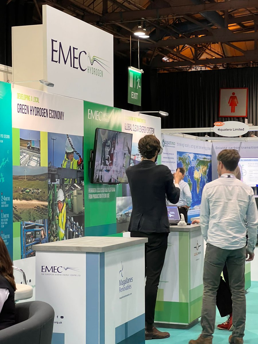 EMEC_Ltd's tweet image. Fantastic first day at @AllEnergy and gearing up for another busy day today. Pop past stand ORK50 to talk #oceanenergy #oceantesting &amp;amp; #hydrogen R&amp;amp;D.

@magallanestidal ATIR tidal turbine and @PulseRengine H2 engine on display and @ZeroAvia has brought an oculus along 👀
