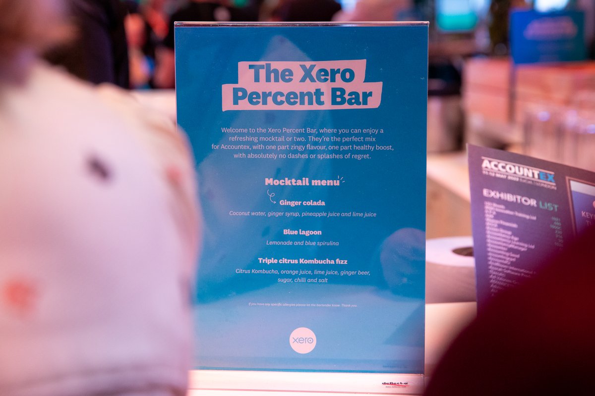 Xero's tweet photo. @griz_mz @HeatherSmithAU @NicoleREDLynch No VIP pass necessary! Stop by and grab a free mocktail, or three. No judgements from us. 😉

We'll just leave the menu here... #Accountex https://t.co/LaIoxSAIuL