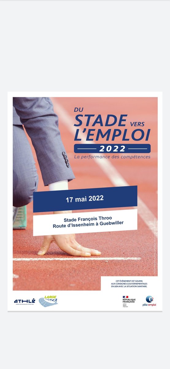 🗓  #Savethedate ! ▶ Préparez vos baskets pour recruter autrement avec 
@poleemploi_GE
 à #Guebwiller le 17/05 pour l'action Stade vers l'#Emploi 2022 #GrandEst👍 
<a href="/FFAthletisme/">FFAthlétisme</a>
 #TousMobilises