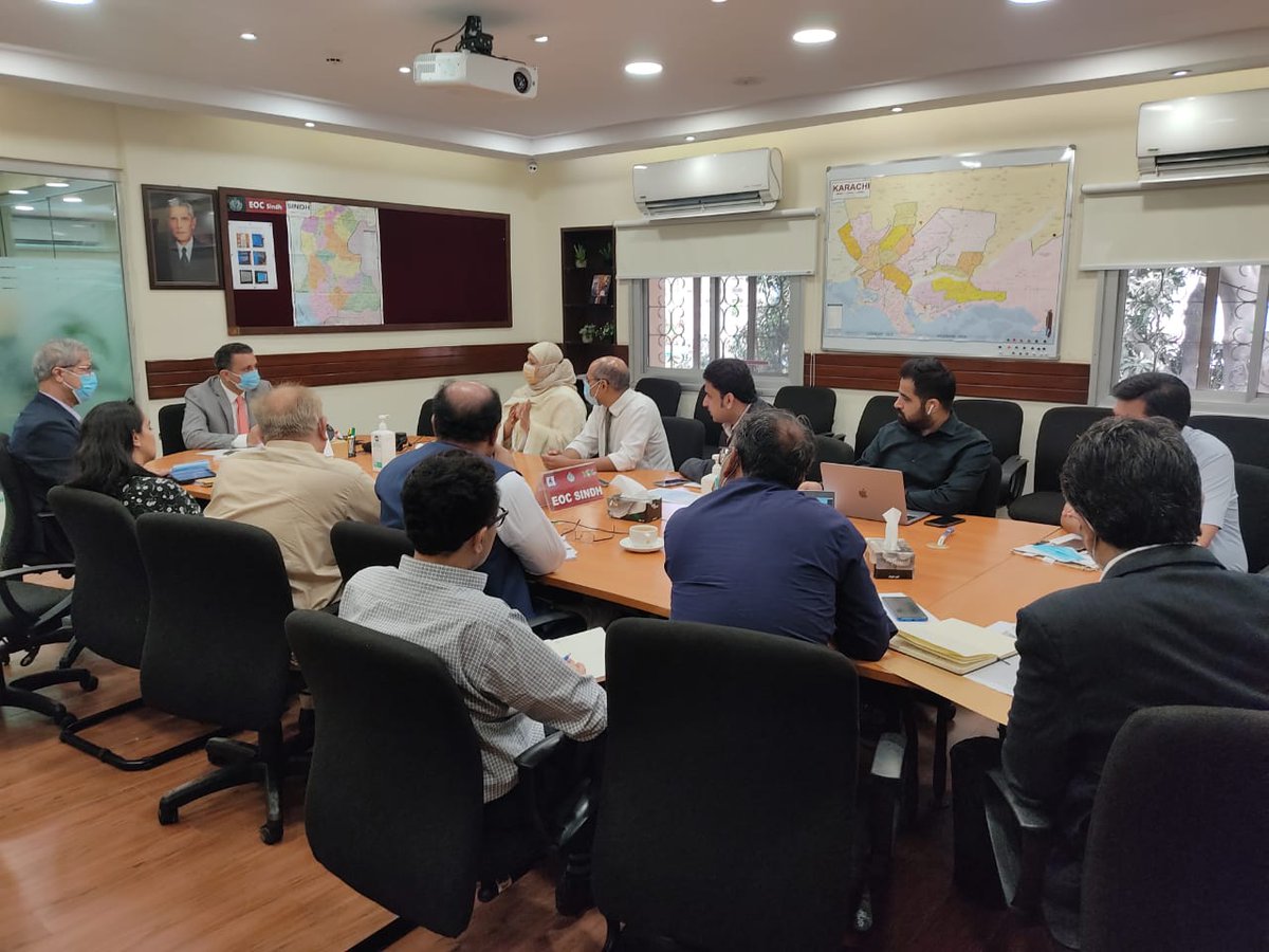 SindhHealthDpt's tweet photo. Secretary Health, Sindh, Zulfiqar Shah chaired a meeting that was held the EOC Karachi to review the steps that need to be taken in order to get ahead of the effects of the new Omicron sub-variant, called BA.2.12.1. Booster shots of the covid vaccine are recommended #SindhHealth https://t.co/YKm9tXYM7K