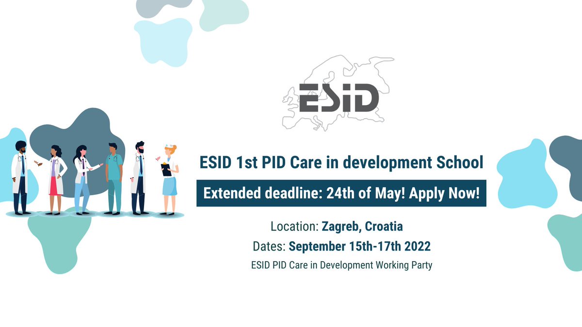 ESIDsociety's tweet photo. Don't miss this opportunity to apply for the ESID 1st PID Care in Development School! New Deadline: 24th of May, 2022! Apply here: https://t.co/Btjrjahe9H
#esid #pidd #Immunology #primaryimmunodeficiency #immunotherapy #iei https://t.co/EXbMruhL9o