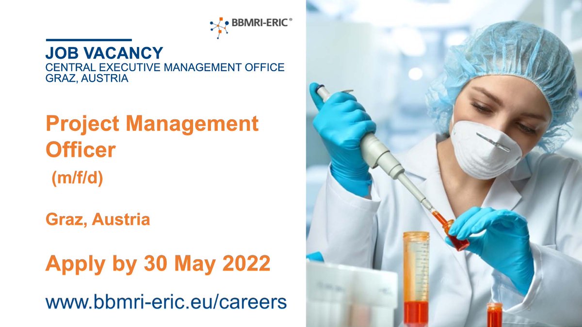 BBMRIERIC's tweet photo. We are looking for an experienced Project Management Officer to support the management of the overall project implantation of canSERV, our newly granted three-year project under Horizon Europe framework. Join our international team in #Graz: https://t.co/CE1Evd5TxV
#biobanking https://t.co/t0629OEdOm