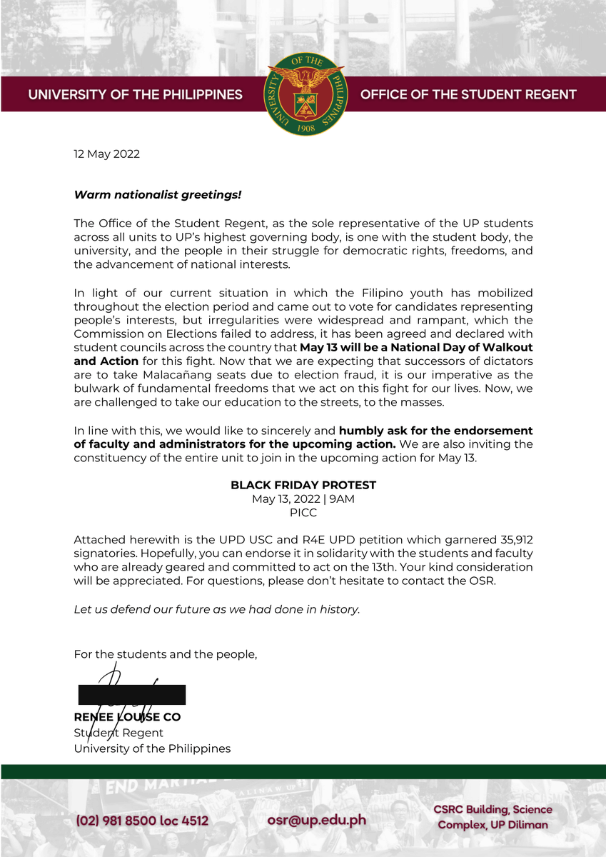 uposr's tweet image. The OSR would like to ask for the endorsement of faculty and administrators for the May 13 action.

BLACK FRIDAY PROTEST
May 13, 2022 | 9AM
PICC

We are challenged to take our education to the streets, to the masses. Let us fight for our future. 

#KontraDaya
#NoToMarcosDuterte