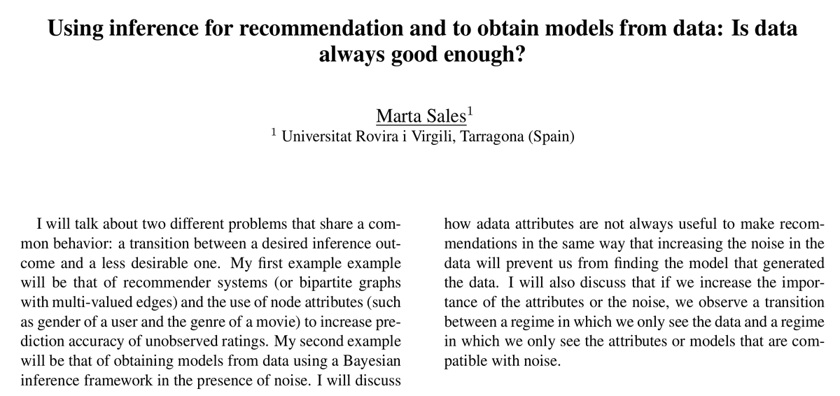sees_lab's tweet photo. Today at 11:15 (in 10 minutes!!) at #Fises, Marta will be talking about the physics of transitions in Bayesian inference problems: networks, recommender systems, Bayesian machine scientists and more! Don't miss it! https://t.co/MkRcEmX0qe