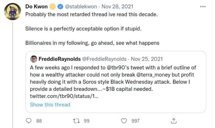 gravecrypt0's tweet photo. My heart goes out to all #LUNAtics affected by the $UST x $LUNA drama.

Freddie mentioned this potential exploit 6 months ago but Kwon did not take kindly to his theory, even challenged someone to try. 🤯 https://t.co/DmzUHbAkVW