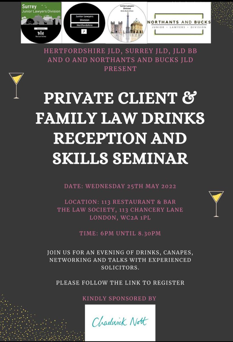 Sign up to our inter-<a href="/juniorlawyers/">Junior Lawyers Division (JLD)</a> event with speakers including <a href="/JadeQuirke_/">Jade Quirke</a> <a href="/YResLondon/">YResLondon</a> @MelindaGiles: eventbrite.co.uk/e/private-clie….

Thank you to <a href="/Chadwick_Nott/">Chadwick Nott</a> for sponsoring this event in partnership with <a href="/HertsJLD/">HertsJLD</a> <a href="/JLD_BBO/">JLD BB&O</a> <a href="/NorthantsBucks/">Northants & Bucks JLD</a>.

<a href="/SurreyYres/">Surrey YRes</a> <a href="/ResLondon/">Resolution London</a> <a href="/SWLResolution/">SWLondonResolution</a>