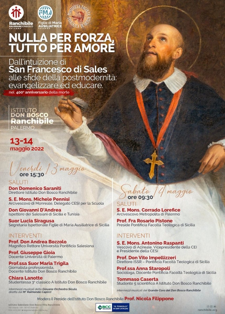 DiocesiAcireale's tweet photo. #Palermo
Venerdì 13 e #sabato14 maggio 2022
"Dall'intuizione di San #FrancescodiSales alle sfide della post modernità: evangelizzare ed educare"
Interviene il vescovo @raspanti https://t.co/6vAKD4umXW