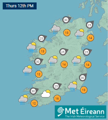 A good deal of cloud across the country today with scattered showers.🌦️

Some sunny intervals will develop, especially in the east &amp; south ⛅️

Persistent rain is expected to spread across western &amp; northern areas towards evening. 🌧️

Highest temperatures of 12 to 16C