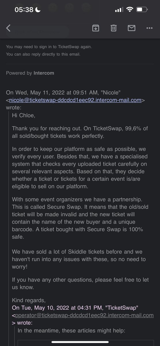clolawra's tweet photo. @TicketSwap telling me ‘not to worry’ about some tickets that I have been sold which I know aren’t genuine due to confirming with skiddle that they only offer physical tickets for the event yet I have been sold a PDF via your site is just not good enough! Please help ASAP https://t.co/SKOud1Sny5