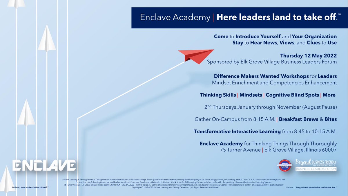 JohnRDallasJr's tweet image. Do you regularly schedule results-driven workplace time for #thinking, #rethinking, and #metathinking? @EnclaveAcademy is the #SchoolOfThink™ for on-campus or on-site (i.e., your location) introduction and exploration of bottom-line results for #PreDecisionMetacognition (#PDM).
