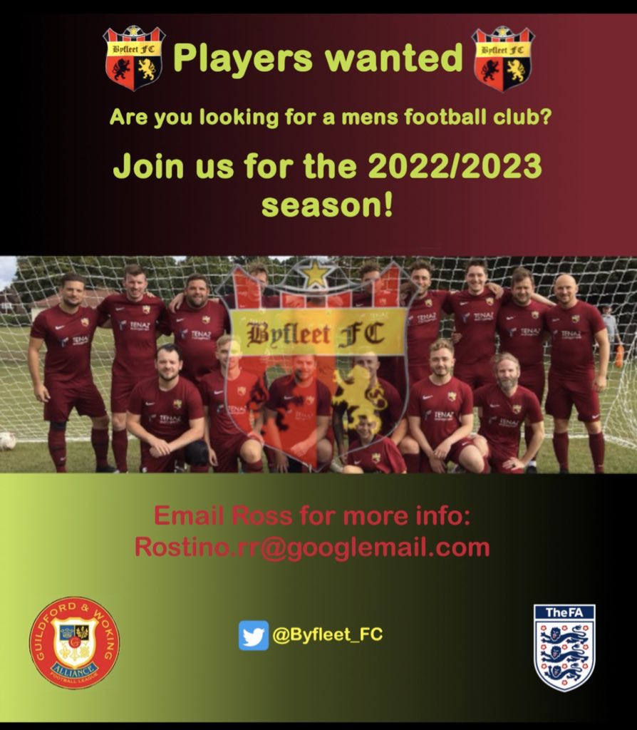 Byfleet_FC's tweet image. ⚽️ PLAYERS WANTED ⚽️

We’re currently looking to add to our squad ahead of next season. If anyone is interested in joining please get in touch!
