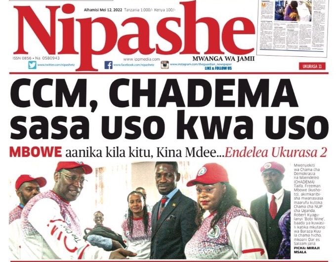 The_Optics's tweet photo. Interesting highlight by independent newspapers in Tanzania where the Opposition party,CHADEMA, was playing host to @HEBobiwine,a power rival of President Museveni as the Uganda President was hosting President Samia Suluhu of Tanzania in Kampala.#ItMatters https://t.co/5Fpm1B5Xkv