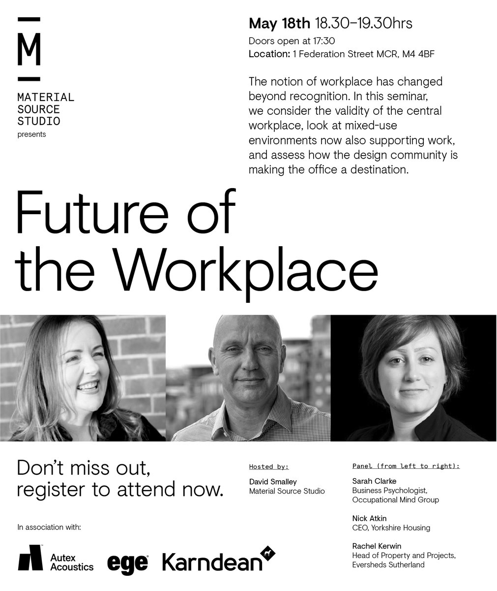 nickatkin_yh's tweet photo. The countdown is on to @MaterialSource Future of the Workplace seminar on 18 May.  I’ll be on the panel alongside David Smalley, @OccMindGroup Sarah Clarke &amp; @ESgloballaw Rachel Kerwin. Register your interest at events@materialsource.co.uk. https://t.co/PrpRPJWkTB