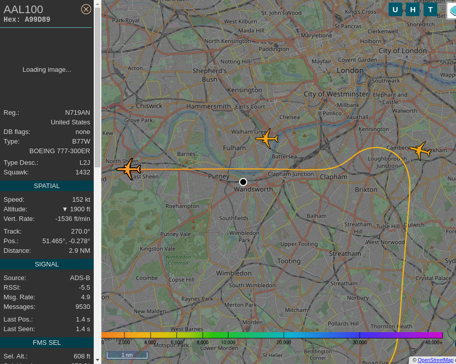 OverPutney's tweet photo. #AAL100 N719AN Boeing 777 323ER American Airlines: 0.4 mi away @ 3050 ft and 54.7° frm hrzn, heading W @ 205.6mi/h 06:07:27. #OverPutney #Putney #SW15 #ADSB #tar1090 https://t.co/eX6Og71vN2