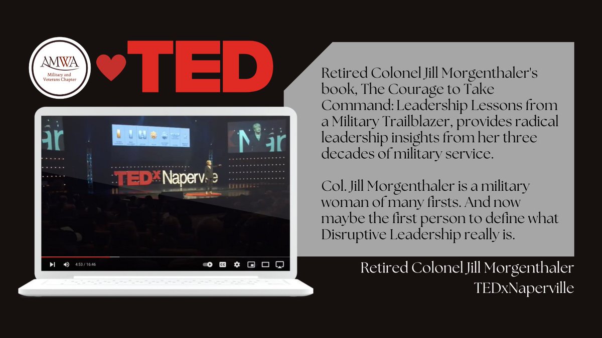 Military and Veterans AMWA (@amwa_military) on Twitter photo Thursday Talks: Retired Colonel Jill Morgenthaler is a woman of many firsts. Her book, The Courage to Take Command: Leadership Lessons from a Military Trailblazer, defines disruptive leadership.
youtube.com/watch?v=wJ0OWa…
<a href="/AMWADoctors/">AMWA Doctors</a> #FemaleMilDocs #TEDtalks #ThursdayThoughts Thursday Talks: Retired Colonel Jill Morgenthaler is a woman of many firsts. Her book, The Courage to Take Command: Leadership Lessons from a Military Trailblazer, defines disruptive leadership.
youtube.com/watch?v=wJ0OWa…
<a href="/AMWADoctors/">AMWA Doctors</a> #FemaleMilDocs #TEDtalks #ThursdayThoughts