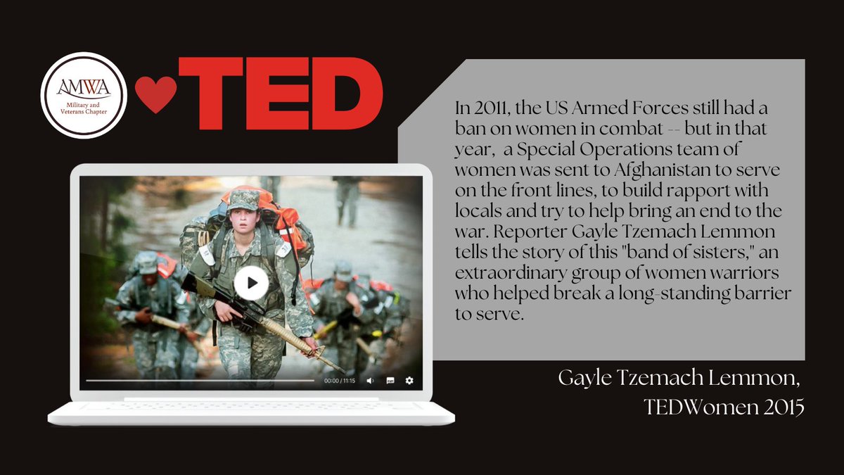 Military and Veterans AMWA (@amwa_military) on Twitter photo Thursday Talks: In 2011, a US Armed Forces Special-Op team of women, the "band of sisters," was sent to the front lines in Afghanistan, and broke the long-standing barrier to serve as women in combat.
ted.com/talks/gayle_tz…
<a href="/AMWADoctors/">AMWA Doctors</a> #FemaleMilDocs #TEDtalks Thursday Talks: In 2011, a US Armed Forces Special-Op team of women, the "band of sisters," was sent to the front lines in Afghanistan, and broke the long-standing barrier to serve as women in combat.
ted.com/talks/gayle_tz…
<a href="/AMWADoctors/">AMWA Doctors</a> #FemaleMilDocs #TEDtalks
