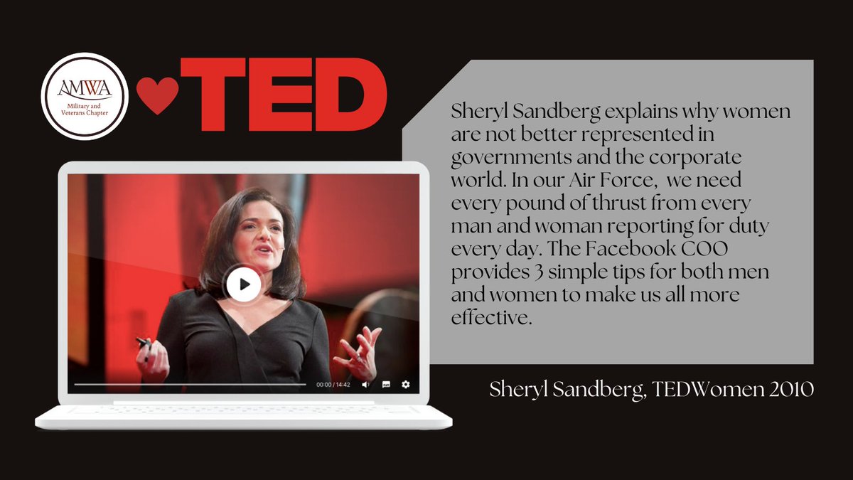 Military and Veterans AMWA (@amwa_military) on Twitter photo Thursday Talks: Before the book and Lean-in circles, Sheryl Sandberg spoke to a TED audience to explain why women are not better represented in governments and the corporate world.
ted.com/talks/sheryl_s…
<a href="/AMWADoctors/">AMWA Doctors</a> #FemaleMilDocs #TEDtalks #ThursdayThoughts Thursday Talks: Before the book and Lean-in circles, Sheryl Sandberg spoke to a TED audience to explain why women are not better represented in governments and the corporate world.
ted.com/talks/sheryl_s…
<a href="/AMWADoctors/">AMWA Doctors</a> #FemaleMilDocs #TEDtalks #ThursdayThoughts