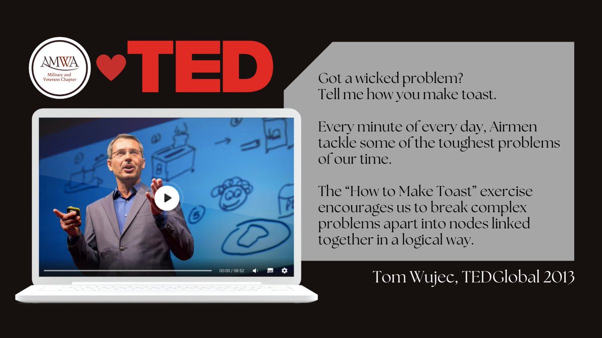 Military and Veterans AMWA (@amwa_military) on Twitter photo Thursday Talks: The “How to Make Toast” exercise encourages us to break complex problems apart into nodes linked together in a logical way.
ted.com/talks/tom_wuje…
<a href="/AMWADoctors/">AMWA Doctors</a> #FemaleMilDocs #TEDtalks #ThursdayThoughts Thursday Talks: The “How to Make Toast” exercise encourages us to break complex problems apart into nodes linked together in a logical way.
ted.com/talks/tom_wuje…
<a href="/AMWADoctors/">AMWA Doctors</a> #FemaleMilDocs #TEDtalks #ThursdayThoughts