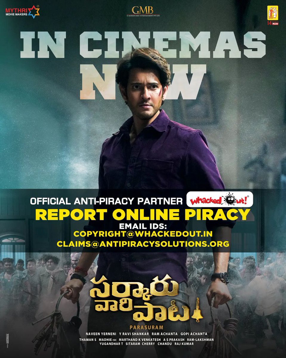 telugufilmnagar's tweet photo. Say No To Piracy!!!
Experience #SarkaruVaariPaata only in Cinemas! 

Anti Piracy Control Room:

Report piracy at
Claims@whackedout.in claims@antipiracysolutions.org

Whatsapp: 
8978650014
9912425159
8881108888 https://t.co/jqcjGiudxA