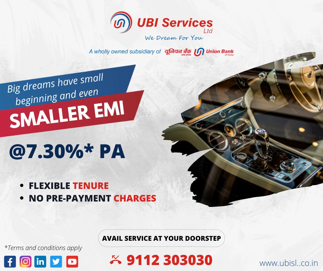 LtdUbi's tweet photo. Drive Safe in your own car with our custom-fit Car Loan!
Avail car Loan from UNION BANK OF INDIA.
ROI @ 7.30%
Just give a missed call at +91 9112303030
To know more visit :- https://t.co/1uvBswz8vM 
.
.
.
#UBISL #wedreamforyou #ubiservicesltd 
#CarLoan #carfinance  #loans https://t.co/ykg7yj1mRq