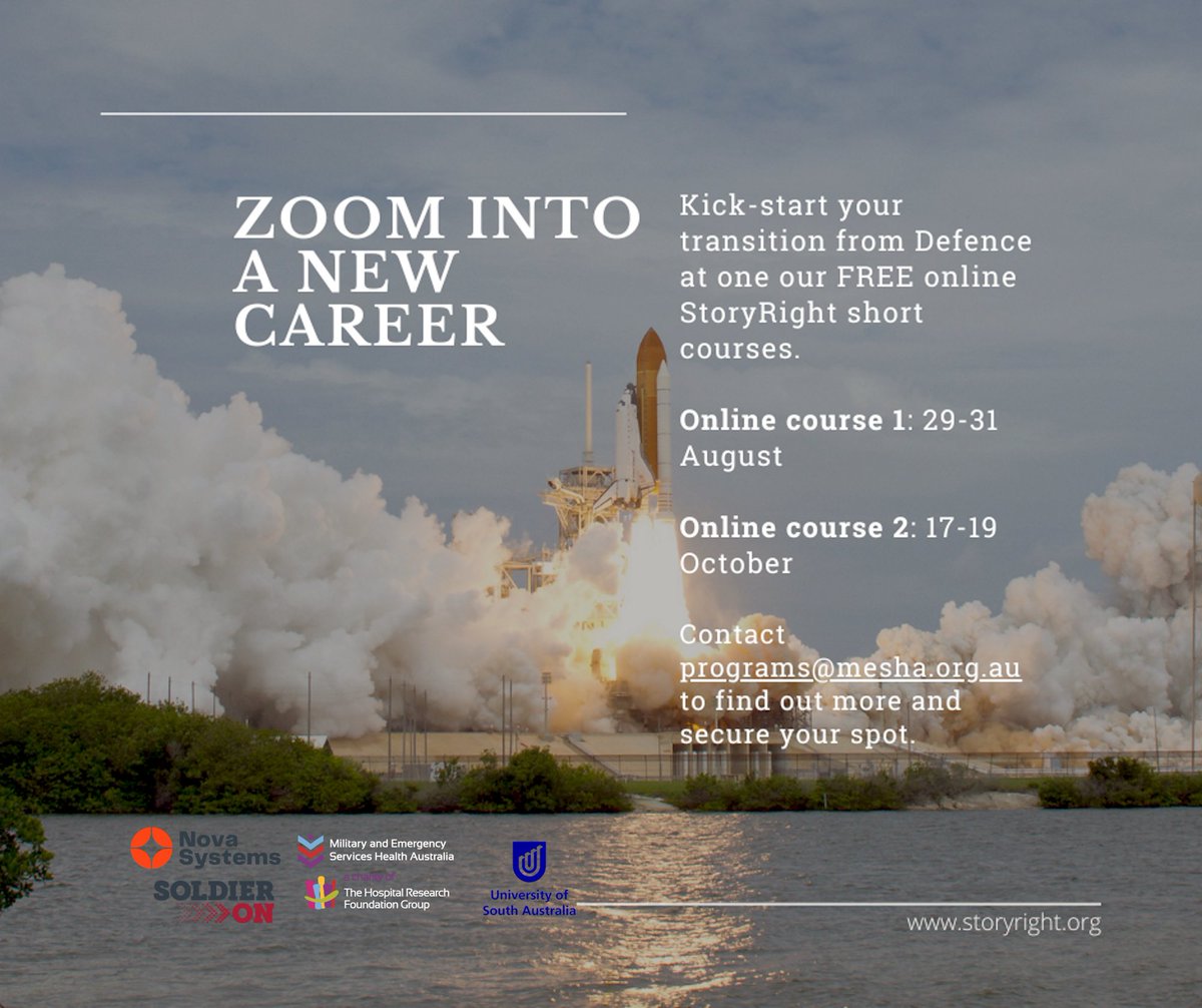 Zoom into your new career from Defence at our FREE online StoryRight short courses! Contact programs@mesha.org.au to find out more. Supporting serving &amp; ex-serving Defence personnel across Australia in partnership with @Nova_Systems, <a href="/SoldierOnAust/">Soldier On Australia</a>, &amp; <a href="/WellbeingOz/">Wellbeing Australia</a>