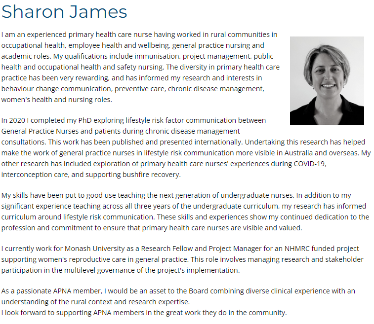 Liz Halcomb (@lizhalcomb) on Twitter photo Are you an APNA member? Have you voted in the Board elections? Dr <a href="/Sharon_MJames/">Sharon James</a> is a highly experienced and passionate rural nurse who always seeks to ensure that nurses are visible, valued and respected. Vote now! @acn_tweet <a href="/APNAnurses/">APNA</a> <a href="/CatMStephen/">Catherine Stephen</a> <a href="/AAAPC_ANZ/">AAAPC</a> Are you an APNA member? Have you voted in the Board elections? Dr <a href="/Sharon_MJames/">Sharon James</a> is a highly experienced and passionate rural nurse who always seeks to ensure that nurses are visible, valued and respected. Vote now! @acn_tweet <a href="/APNAnurses/">APNA</a> <a href="/CatMStephen/">Catherine Stephen</a> <a href="/AAAPC_ANZ/">AAAPC</a>